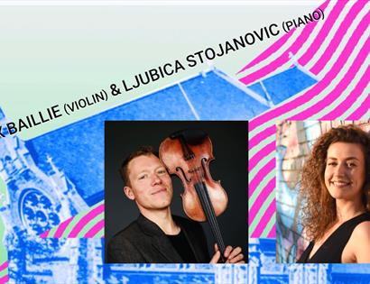 poster with pink green and blue colours for max baillie violin and ljubica strojanovic piano. shows two portraits, one of woman smiling and one of man