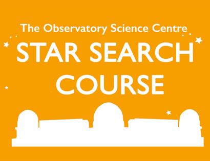 orange poster with silhouette of observatory for star search course at herstmonceux