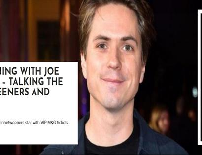 Event poster with a close-up of a person beside text promoting an evening talking The Inbetweeners, with White Rock Hastings logo.