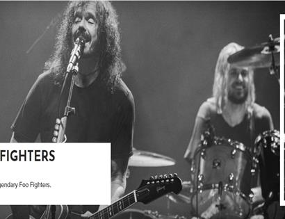 Black and white concert image of a Foo Fighters tribute band performing on stage, with drums and guitar, White Rock Hastings logo.