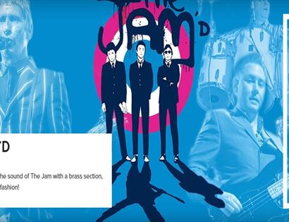 Promotional graphic for The Jam’d, featuring a blue montage of musicians and band artwork, with White Rock Hastings branding