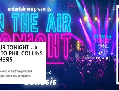 Neon concert poster for “In the Air Tonight,” Phil Collins tribute at White Rock Hastings, with band performing on stage.