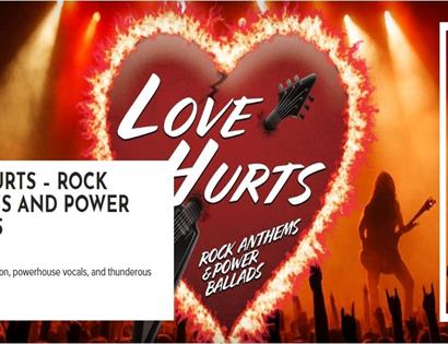 Poster for “Love Hurts” rock anthems show at White Rock Hastings, featuring flaming heart, guitars and live stage crowd.