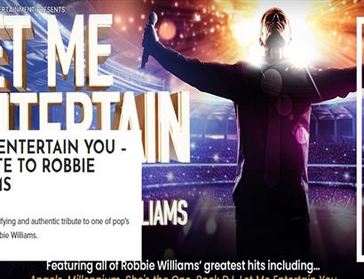 Poster for “Let Me Entertain You,” Robbie Williams tribute at White Rock, with singer silhouette on stadium stage.