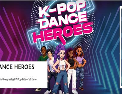 Poster for “K-Pop Dance Heroes” at White Rock Hastings, featuring cartoon dancers in neon-lit tunnel with bold pink title.