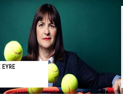 Poster for “Pauline Eyre: Anyone For Tennis?” at White Rock Hastings, showing performer with tennis balls and racket.