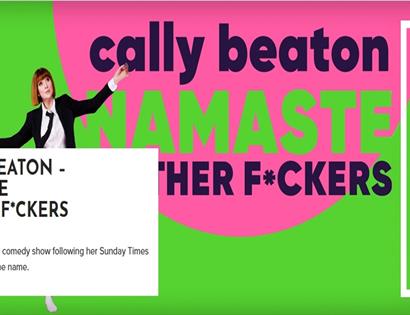 Poster for Cally Beaton stand-up show “Namaste Motherf*ckers” at White Rock Hastings, with bold pink and green design.