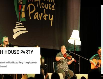 Poster for “The Irish House Party” at White Rock Hastings, showing live musicians on stage with instruments and banner.