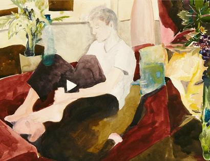 painting by Jamie Atherton shows clothed man on sofa.