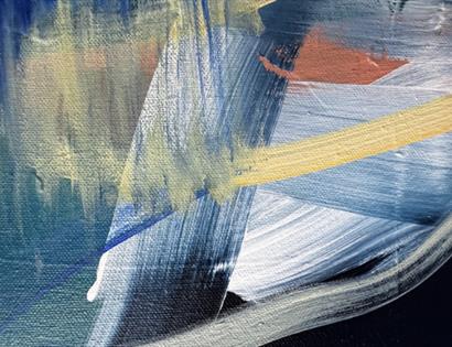 Abstract painting with sweeping blue, white, yellow, and orange brushstrokes creating layered texture.