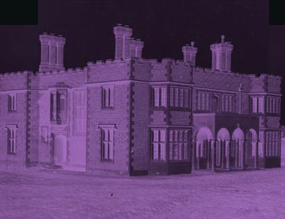Purple‑tinted historic museum building at night, used to promote “Queer Late at the Museum” event.