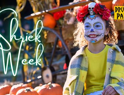 poser with young child in day of the dead face paint, with pumpkins in the background.
