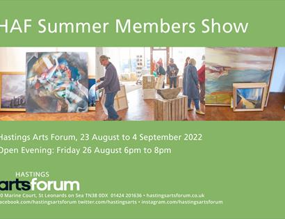 green poster showing large canvas artworks for HAF summer members show