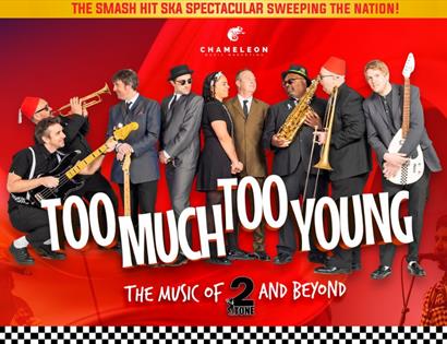 Ska band holding instruments on a red backdrop with the title ‘Too Much Too Young’ promoting a music show.