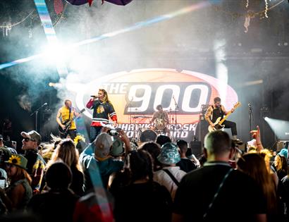 A band performs on a brightly lit stage as a large crowd watches during a lively concert.