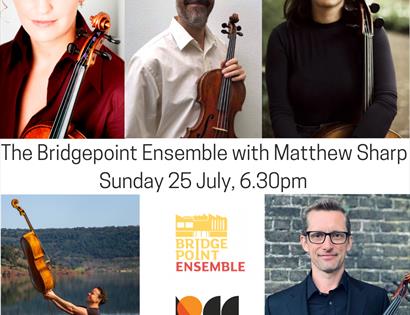 A poster with five portraits of musicians holding their string instruments. Text in centre reads 'The Bridgeport Ensemble with Matthew Sharp, Sunday 2