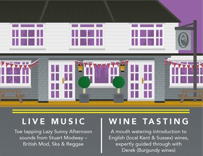 Purple, grey and white image of pub with information about live music and wine tasting