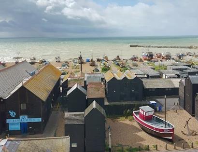 birds eye view of fishing huts and boats at Hastings
