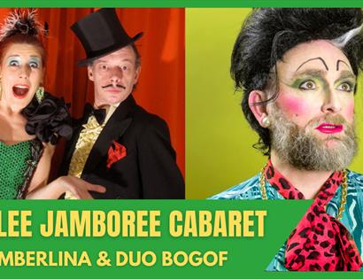 poster showing three cabaret performers in formal dress and bright coloured make up, text says jubilee jamboree cabaret
