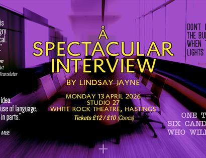 Poster for the play ‘A Spectacular Interview,’ showing a purple-lit boardroom with event details and review quotes.