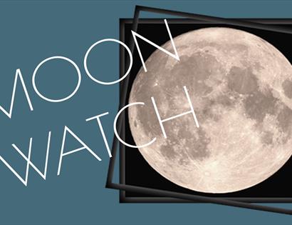 A poster with plain blue background and square photograph of the moon. Text over it says Moon Watch.