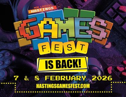 Bright poster for Hastings Games Fest 2026 featuring gaming controllers and event dates of 7–8 February.