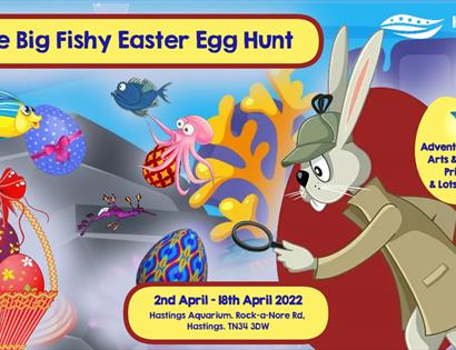 Advert for Big Fishy Easter Egg Hunt - rabbit detective and sea creatures in the background with Easter theme