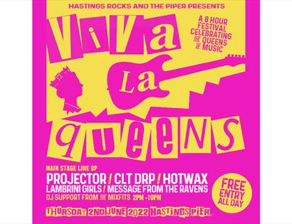 pink and yellow punk style poster with cut out letters reading viva la queens. image shows silhouettes of guitar and queens portrait
