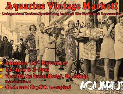 poster for Aquarius. Vintage sixties images with girls lined up. text in description.