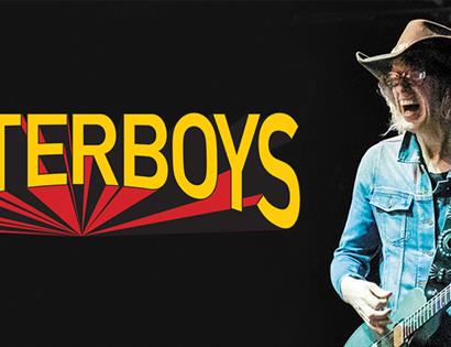 Black poster with large yellow text saying 'waterboys'. To the right is a man in cowboy hat and denim jacket holding a guitar.