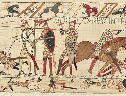 Scene from the Bayeux Tapestry showing armed Norman and Anglo-Saxon warriors in battle during the Norman Conquest.