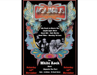 poster with psychedelic 60s patterns and black background. Text in description.