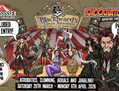 Pirate‑themed circus show poster featuring performers, acrobatics, juggling, and event details for Knockhatch Adventure Park.