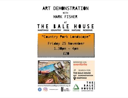 Text poster for the Bale House, an art demonstration with Mark Fishers. All details in text. shows a close up image of oil paints and paint brushes.