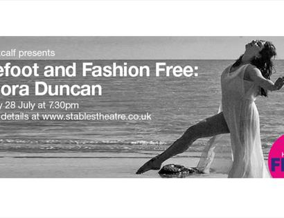 poster for barefoot and fashion free showing lady in white flowing dress leaping on sandy beach with sea in the background.
