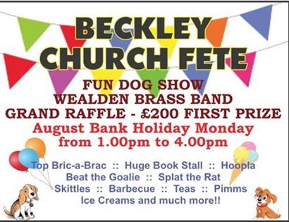 A poster with clip-art of bunting, dogs, ice cream and balloons, for Beckley Church Fete, Bank holiday August 2021.
