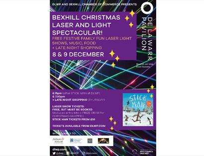 A poster for Bexhill Christmas Laser and Lights Spectacular. Text on purple background with same information as main description.