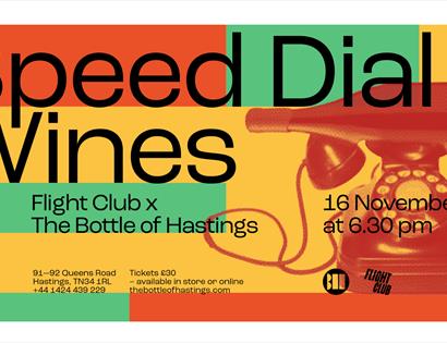 poster for wine event. Red, orange and green block colours in the background and picture of vintage telephone. Title says Speed Dial Wines. Rest of te