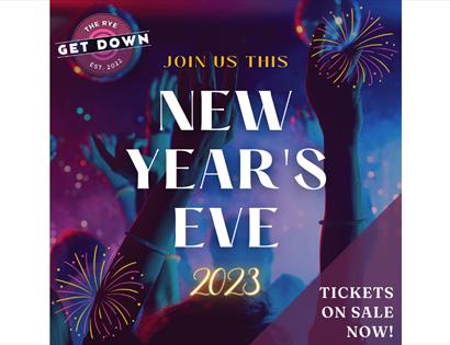 Blue and purple poster with hands in the air and fireworks for New Years Eve at the Brewery Yard Club Rye