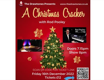 red poster wit graphic of christmas tree in the centre and two photographs added, one of a man next to a keyboard, the other of a stage. Title reads "