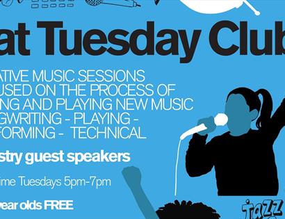 A blue poster with an outline of a girl with a microphone. Text says Fat Tuesday Club.