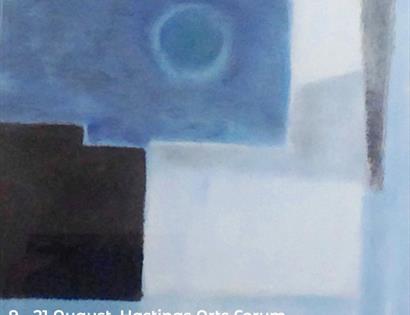 Poster for exhibition. Shows abstract painting with block colours of blues, greys and black.