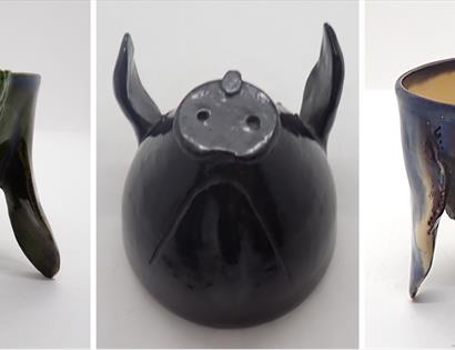 triptych photograph of ceramic pot in shape of a pig