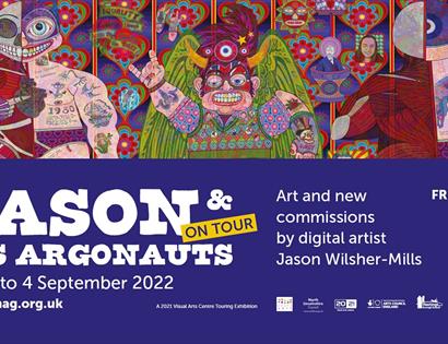 Poster for Jason and his argonauts exhibition with colour illustrations