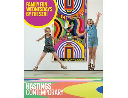 poster for family fun at hastings contemporary shows two girls jumping in exhibition space
