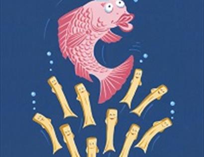cartoon of fish wearing chefs hat and swimming chips