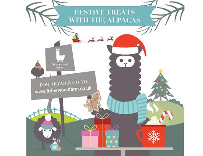 Poster with graphic of alpaca in christmas hat for fisherwood farm.