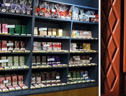 Shelving showing Only Coco chocolates from Rye Chocolates and close up of chocolate bar.