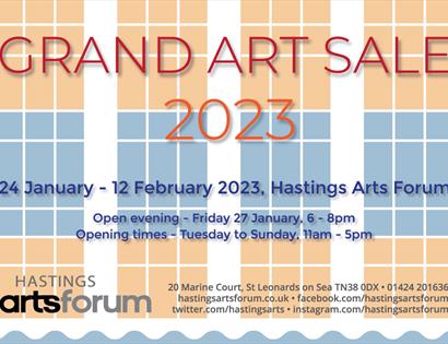 Poster with orange and  blue grid background. At the bottom there is a wavy blue border. Text overlaid reads "grand art sale 2023". The rest of the te