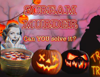 A poster for halloween event. Pink background with images at bottom including a woman screaming, a black cat, pumpkins, and a silhouette of a detectiv